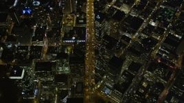 5K aerial stock footage bird's eye of Market Street, Union Square, Downtown San Francisco skyscrapers, California, night Aerial Stock Footage | AXSF07_081