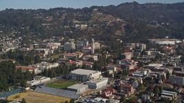 5K aerial stock footage of approaching Sather Tower and University of California Berkeley, Berkeley, California Aerial Stock Footage | AXSF08_003