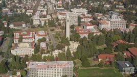 5K aerial stock footage of flying by the Sather Tower at University of California Berkeley, Berkeley, California Aerial Stock Footage | AXSF08_004