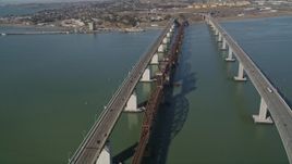 5K aerial stock footage of flying by the Benicia-Martinez Bridge, Carquinez Strait, California Aerial Stock Footage | AXSF08_044