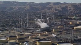 5K aerial stock footage of flying by Shell Oil Refinery buildings, Martinez, California Aerial Stock Footage | AXSF08_051