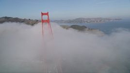 5K aerial stock footage of orbiting the famous Golden Gate Bridge, shrouded in fog, San Francisco, California Aerial Stock Footage | AXSF09_028