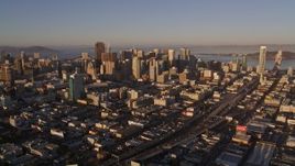 5K aerial stock footage of approaching skyscrapers in Downtown San Francisco, California at sunset Aerial Stock Footage | AXSF10_021