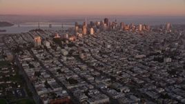 5K aerial stock footage of approaching Russian Hill and Downtown San Francisco skyscrapers, California, sunset Aerial Stock Footage | AXSF10_056