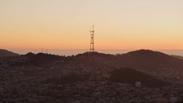 5K aerial stock footage of a view of Sutro Tower from Downtown San Francisco, California, sunset Aerial Stock Footage | AXSF10_071