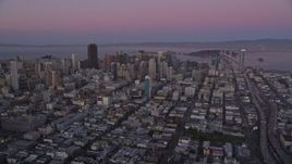 5K aerial stock footage of approaching Downtown San Francisco skyscrapers, California, twilight Aerial Stock Footage | AXSF10_073