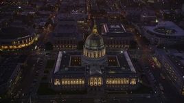 5K aerial stock footage approach city hall in Civic Center, tilt to opera house and theater, San Francisco, California, twilight Aerial Stock Footage | AXSF10_095