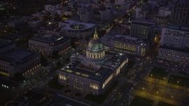 5K aerial stock footage orbit San Francisco City Hall in Civic Center, San Francisco, California, night Aerial Stock Footage | AXSF10_096