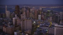 5K aerial stock footage of approaching Downtown San Francisco skyscrapers, California, twilight Aerial Stock Footage | AXSF10_097