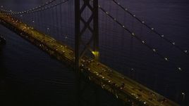 5K aerial stock footage tilt from Bay Bridge to reveal North Beach and Downtown San Francisco, California, twilight Aerial Stock Footage | AXSF10_107