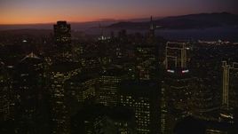 5K aerial stock footage of panning across the city's tall skyscrapers, Downtown San Francisco, California, twilight Aerial Stock Footage | AXSF10_110