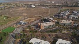 5K aerial stock footage orbit office buildings by Googleplex, Mountain View, California Aerial Stock Footage | AXSF11_040