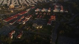 5K aerial stock footage fly over film studio at The Presidio, reveal distant skyline of Downtown San Francisco, California Aerial Stock Footage | AXSF13_028