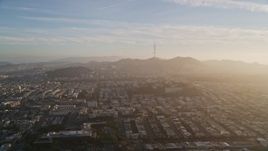 5K aerial stock footage of approaching Sutro Tower, shrouded in haze in San Francisco, California Aerial Stock Footage | AXSF13_029