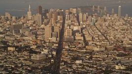 5K aerial stock footage tilt from Market Street to reveal Downtown San Francisco skyscrapers, California Aerial Stock Footage | AXSF13_036