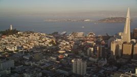 5K aerial stock footage pan from Coit Tower and Treasure Island to Transamerica Pyramid in Downtown San Francisco, California Aerial Stock Footage | AXSF13_044
