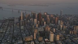 5K aerial stock footage of a view of city buildings and skyscrapers in Downtown San Francisco, California, sunset Aerial Stock Footage | AXSF14_020