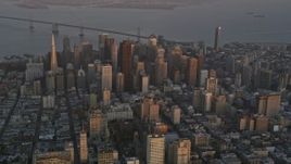 5K aerial stock footage flyby Downtown San Francisco, California, twilight, Bay Bridge in the background Aerial Stock Footage | AXSF14_021