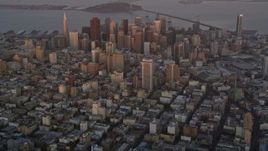 5K aerial stock footage tilt from Civic Center to reveal Downtown San Francisco, California, twilight Aerial Stock Footage | AXSF14_023
