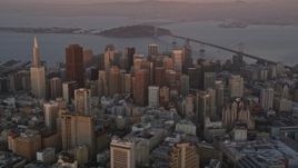 5K aerial stock footage of an approach to skyscrapers in Downtown San Francisco, California, sunset Aerial Stock Footage | AXSF14_024