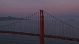 5K aerial stock footage flyby Golden Gate Bridge and pan to mid span, San Francisco, California, twilight Aerial Stock Footage | AXSF14_045