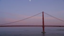 5K aerial stock footage fly low by the Golden Gate Bridge and pan across the span, San Francisco, California, twilight Aerial Stock Footage | AXSF14_047