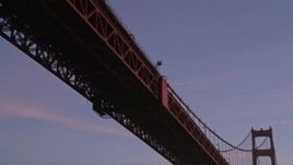 5K aerial stock footage of flying by underside of Golden Gate Bridge, San Francisco, California, twilight Aerial Stock Footage | AXSF14_054
