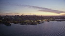 5K aerial stock footage of flying by Fisherman's Wharf in San Francisco, California, twilight Aerial Stock Footage | AXSF14_089