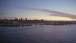 5K aerial stock footage a view of Downtown San Francisco skyline and Fisherman's Wharf, California, twilight Aerial Stock Footage | AXSF14_090