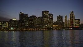 5K aerial stock footage approach waterfront skyline from the Bay, Downtown San Francisco, California, twilight Aerial Stock Footage | AXSF14_106