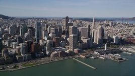 5K aerial stock footage of approaching waterfront skyscrapers and the Ferry Building in Downtown San Francisco, California Aerial Stock Footage | AXSF15_006