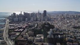 5K aerial stock footage of the Transamerica Pyramid, skyscrapers and Coit Tower, Downtown San Francisco, California Aerial Stock Footage | AXSF15_012