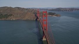 5K aerial stock footage of flying by tower to pan across Golden Gate Bridge, San Francisco, California Aerial Stock Footage | AXSF15_023