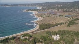 5K aerial stock footage of orbiting Carmel Monastery, revealing the nearby beach and Carmel Bay, Carmel, California Aerial Stock Footage | AXSF16_041