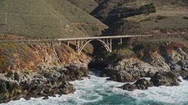 5K aerial stock footage flying by a bridge spanning a gorge, Highway 1, Carmel, California Aerial Stock Footage | AXSF16_060