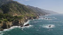 5K aerial stock footage following the coastline, waves crashing into rocks, Big Sur, California Aerial Stock Footage | AXSF16_122