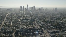 HD stock footage aerial video of flying toward the skyline of Downtown Los Angeles, California Aerial Stock Footage | CAP_004_013