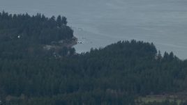 HD stock footage aerial video track an airplane flying over evergreen trees on the shore of Puget Sound, Washington Aerial Stock Footage | CAP_009_010