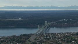 HD stock footage aerial video of the Olympic Mountains and the Tacoma Narrows Bridge, Washington Aerial Stock Footage | CAP_009_015