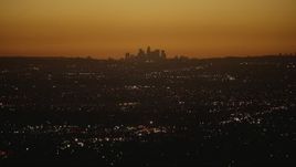 HD stock footage aerial video of a view of the Downtown Los Angeles city skyline at twilight, California Aerial Stock Footage | CAP_010_006
