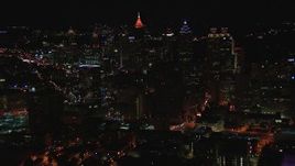 HD stock footage aerial video reverse view of the downtown skyline at nighttime, Downtown Atlanta, Georgia Aerial Stock Footage | CAP_013_045