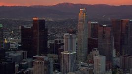 HD stock footage aerial video orbit Downtown Los Angeles skyscrapers at sunset, California Aerial Stock Footage | CAP_018_096
