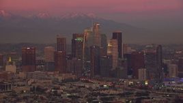 HD stock footage aerial video of slowly passing Downtown Los Angeles skyscrapers at sunset, California Aerial Stock Footage | CAP_018_102