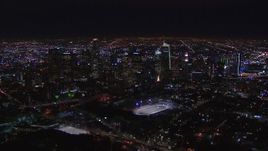 HD stock footage aerial video of the city's skyline at night in Downtown Los Angeles, California Aerial Stock Footage | CAP_018_171