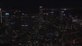 HD stock footage aerial video a view of US Bank Tower and the city's skyline at night in Downtown Los Angeles, California Aerial Stock Footage | CAP_018_180