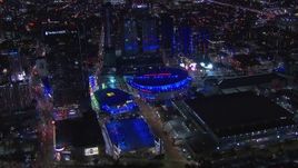 HD stock footage aerial video of zooming to arena and theater at night, Downtown Los Angeles, California Aerial Stock Footage | CAP_018_189