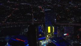 HD stock footage aerial video of orbiting Ritz-Carlton Hotel at night, Downtown Los Angeles, California Aerial Stock Footage | CAP_018_197