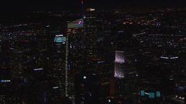 HD stock footage aerial video of orbiting Wilshire Grand Center at night, Downtown Los Angeles, California Aerial Stock Footage | CAP_018_201
