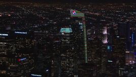 HD stock footage aerial video of two towering skyscrapers at night, Downtown Los Angeles, California Aerial Stock Footage | CAP_018_205