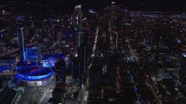 HD stock footage aerial video wide view of skyline at night, reveal Staples Center, Downtown Los Angeles, California Aerial Stock Footage | CAP_018_215